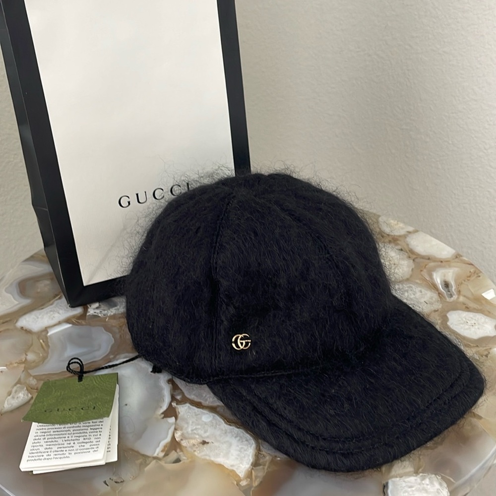 $1,185 New GUCCI Mohair GG Lauren Baseball Hat BLACK L large 58 cm